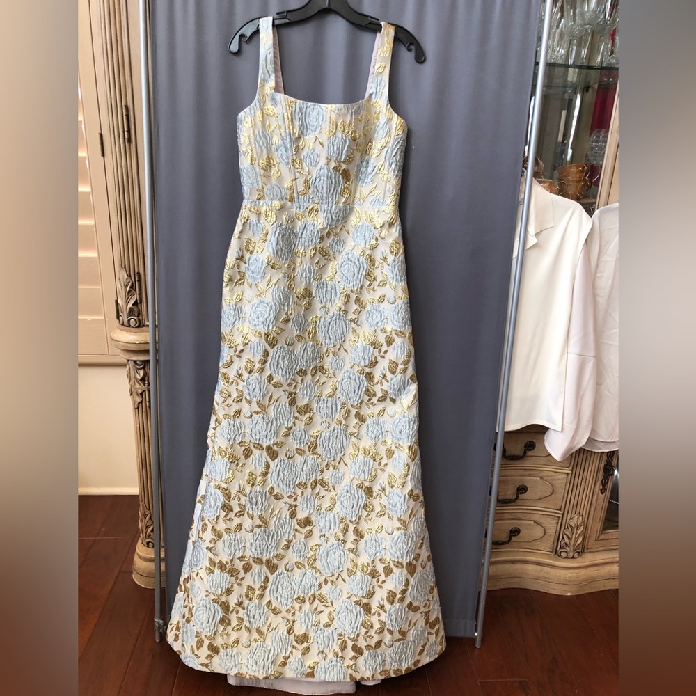 Dessy Collection Metallic Gold and Silver Floral Jacquard Maxi Dress - Picture 7 of 10